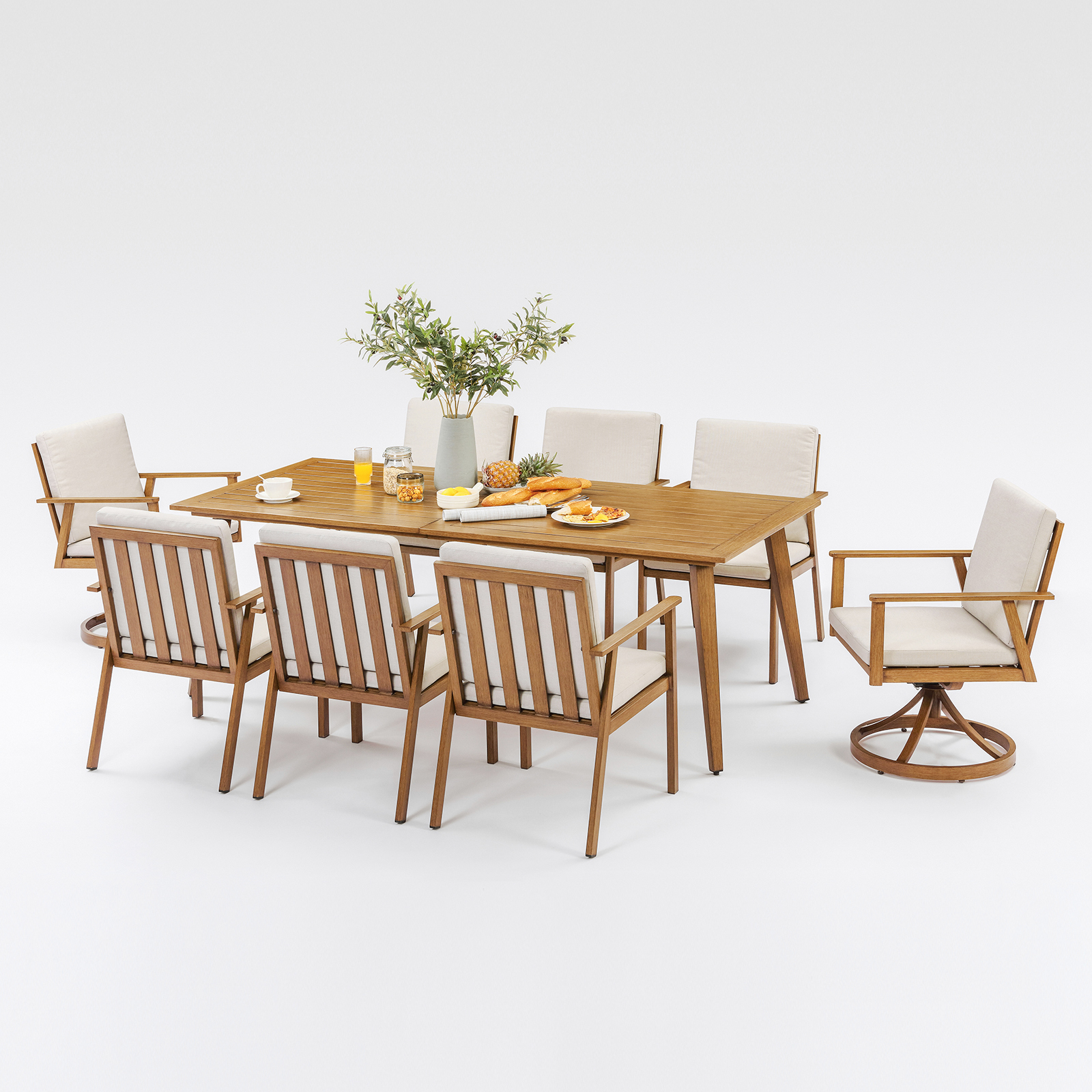 Seehill 9ピース パティオ家具 アウトドアセット 屋外アルミニウム 屋外ダイニングテーブルセット デッキ用回転椅子2脚付き チーク