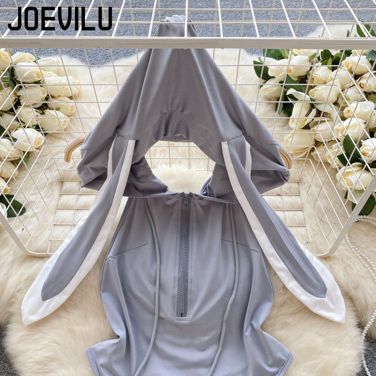 JOVEILU セクシーなエロフード付きボディスーツバニーロールプレイ制服背中の開いたレディースシークレットコスチュームサマーパーティーデート魅惑的なパジャマ