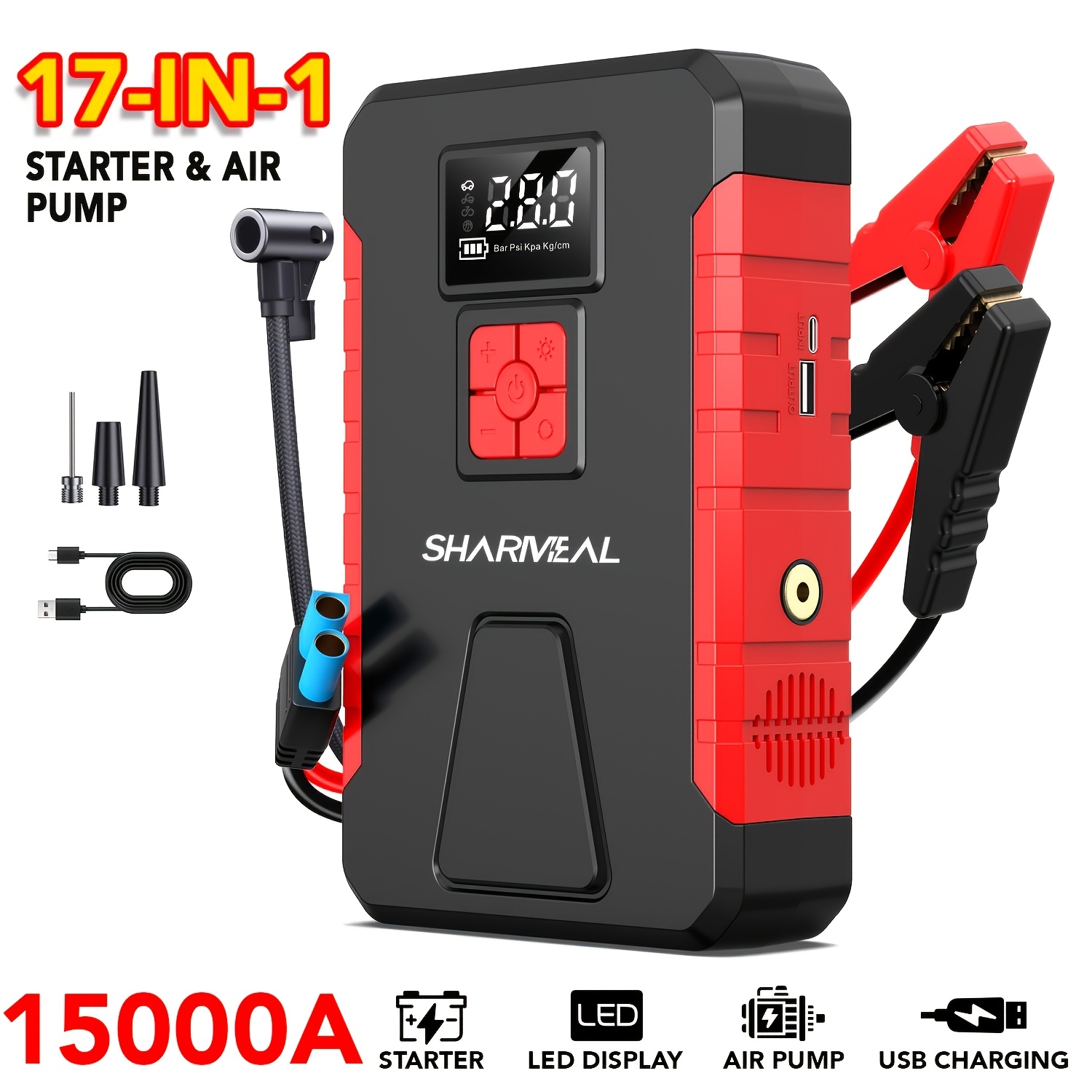 15000A-19000A ピーク 350PSI 12V 17-in-1 ポータブルジャンプスターター エアコンプレッサー付き ジャンプスターター カーバッテリー充電器 カージャンプスターター エアコンプレッサー付き ジャンプスターターパラ カーアクセサリーツール LED L