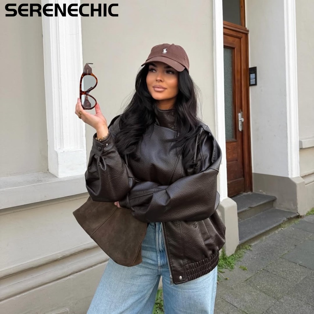SERENECHIC フェイクレザーの女性のジャケット冬のオーバーコート女性のファッションカジュアルジャケットオーバーサイズボンバージャケット女性のためのアウター