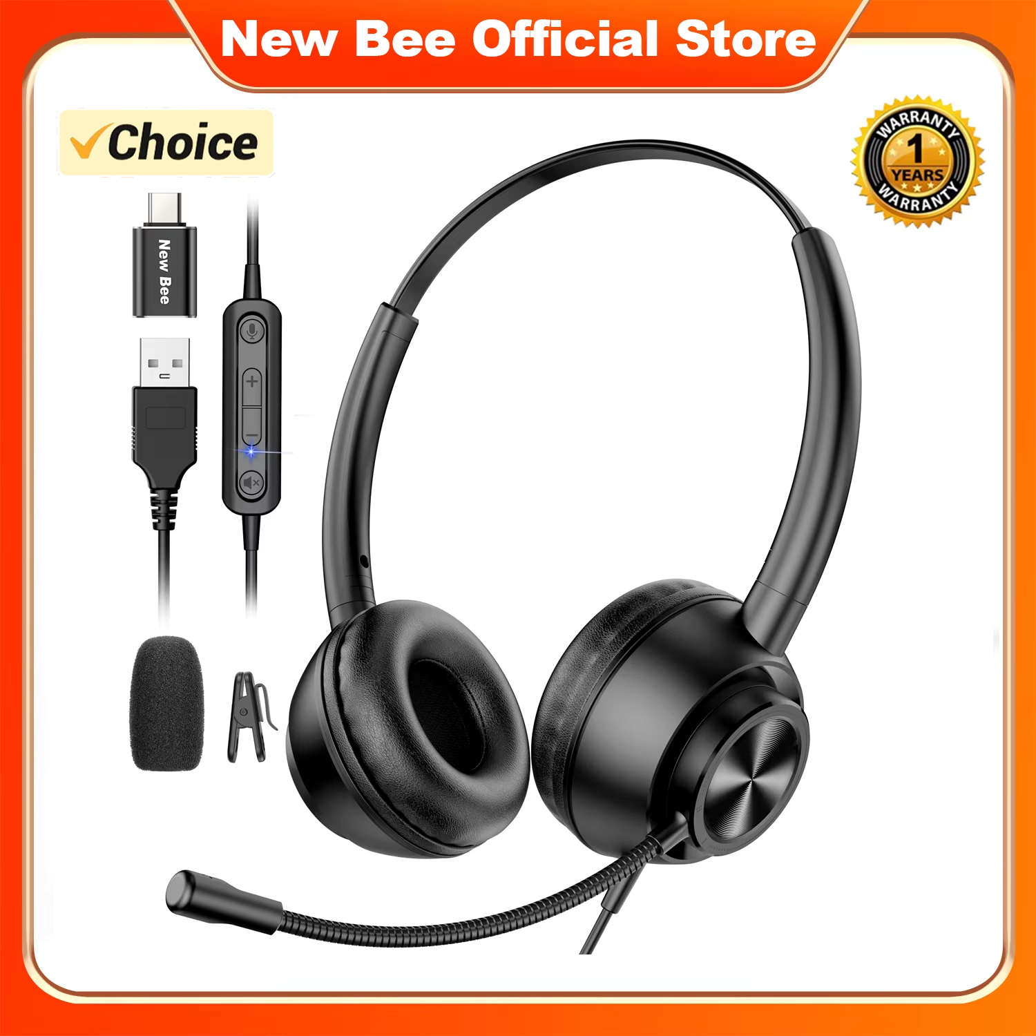 新しい Bee H368 コールセンター有線ヘッドフォン回転式マイク 3.5 ミリメートルタイプ C アダプタ付きオフィス PC ステレオクリアヘッドセット