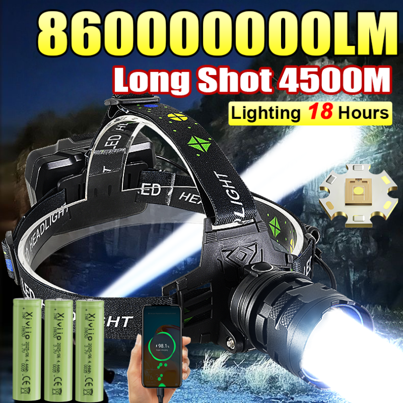 860000000LM 超強力 LED ヘッドランプ超高輝度長距離 4500 メートルヘッド懐中電灯充電式ヘッドランタン釣り狩猟