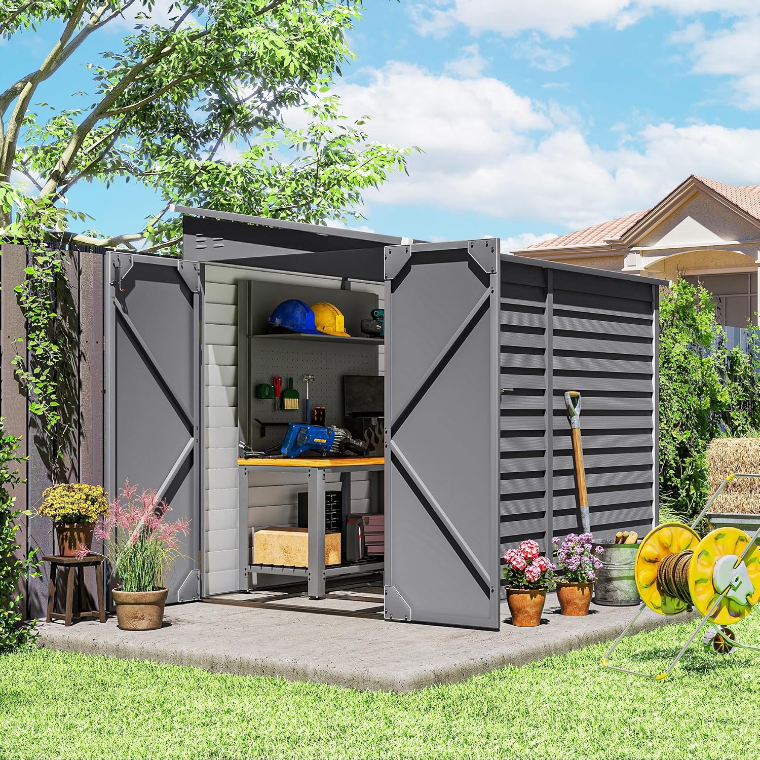 スチール製のリーントゥ収納小屋 防水 ロック可能なツールハウス 基礎キット 2つの通気口 裏庭のパティオの芝生 4.6x9フィート カスタム