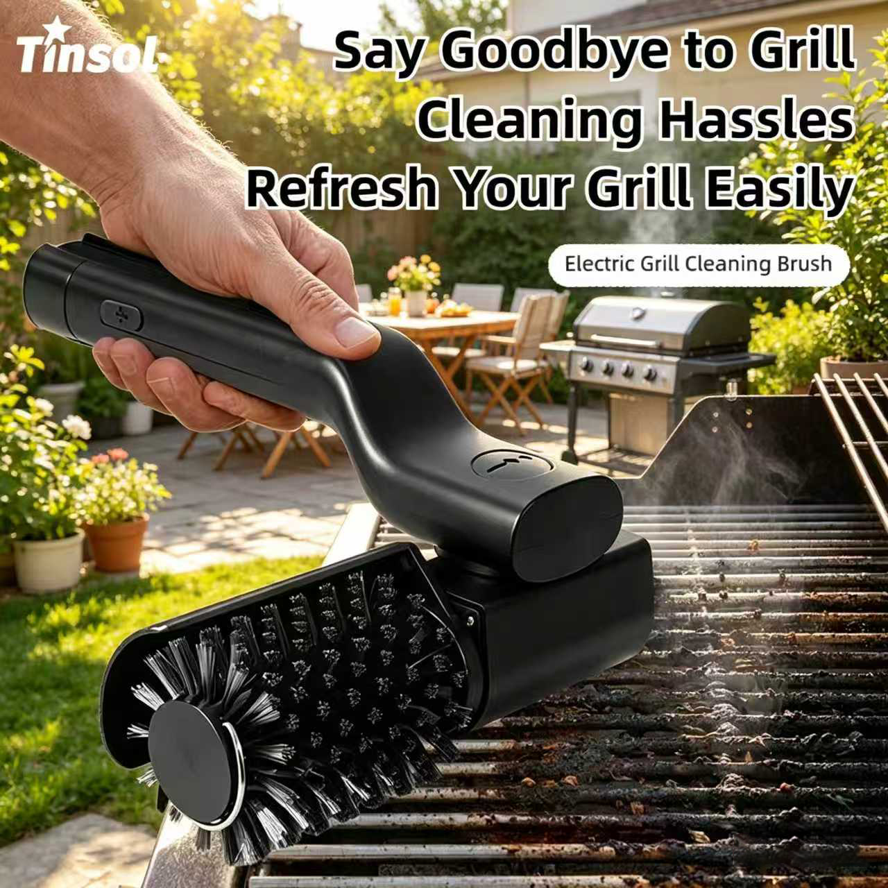 TINSOL 電動バーベキュークリーニングブラシ、ワイヤレス充電式、回転式、折りたたみ式、グリル用高耐久オイルクリーニングブラシ