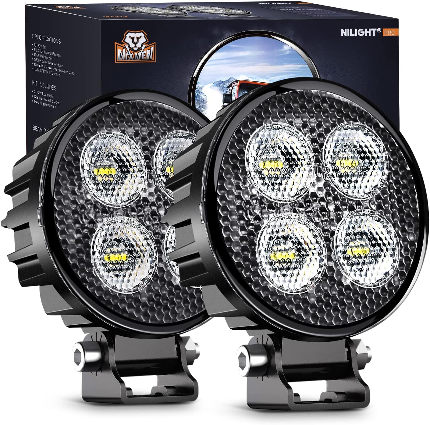 Nilight 2個 3インチ LED ポッド ラウンド 1500LM 内蔵 EMC ワークライト オフロードライト用 90° フラッドビーム角度 サイドライト リアバックアップライト トラクター トラック オートバイ ボート ATV UTV 用 LED フラッドビームポッド