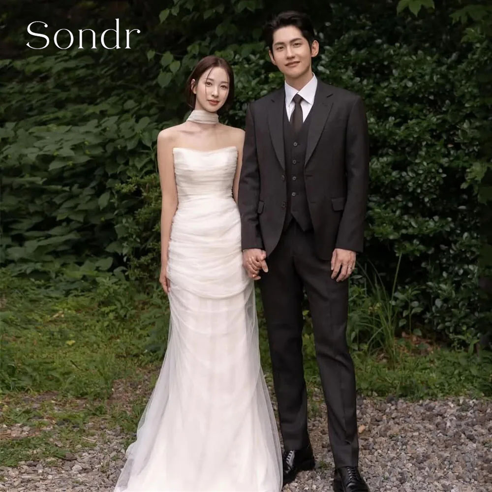 Sondr エレガントなアイボリーチュールのウェディングドレス韓国写真撮影ストラップレスマーメイドロングブライダルドレスコルセットカスタマイズされた웨딩드레스