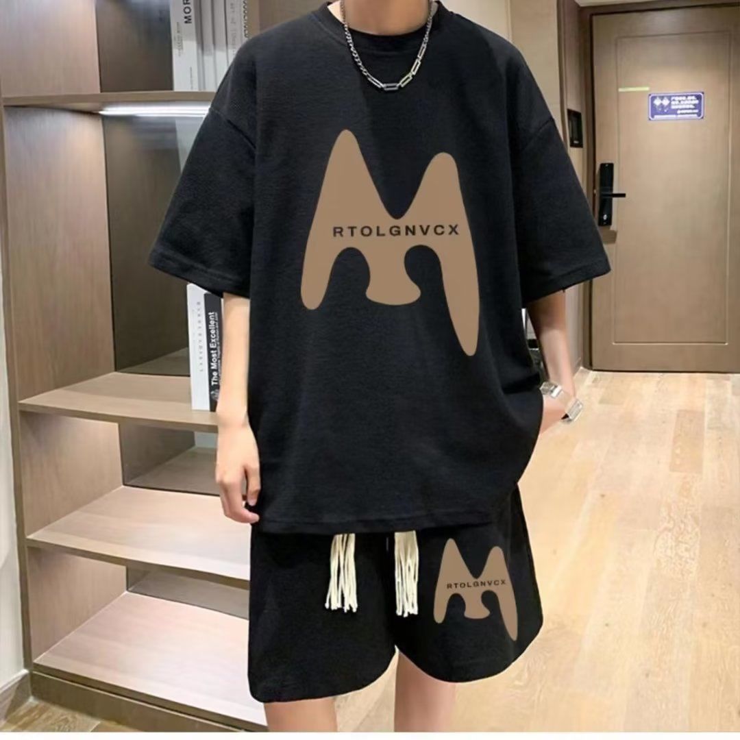 ファッションカジュアルスーツシンプルな半袖ショーツセット男性夏の綿 Tシャツ通気性ルーズ服ヒップホップストリート Tシャツ