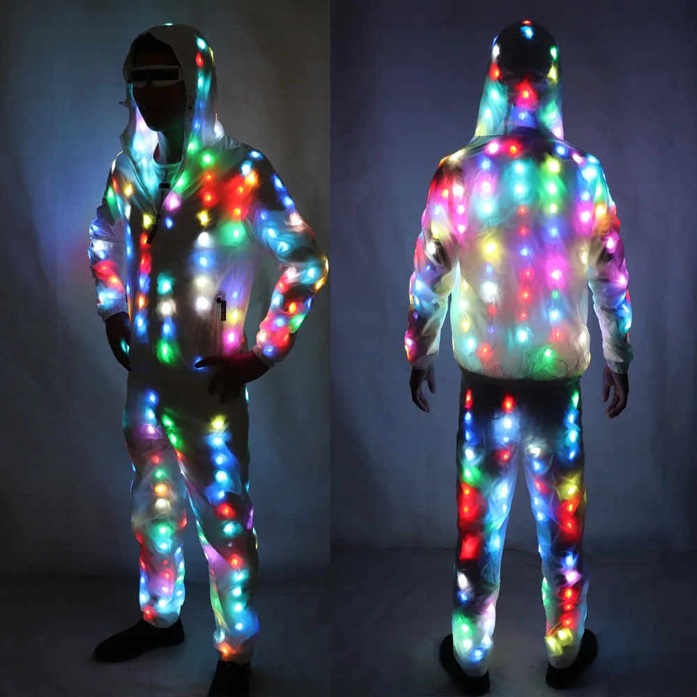 カラフルな Led 発光衣装服ダンス LED 成長照明ロボットスーツ服パンツ付きカップルセットイベントパーティーサプライ