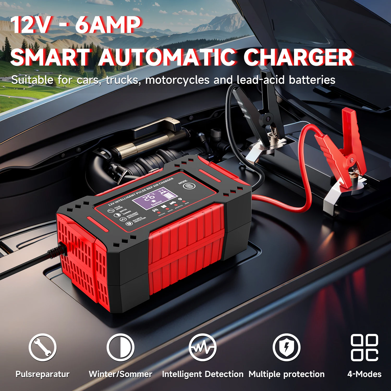 6A 12V 修理 LCD ディスプレイインテリジェントカーバッテリー充電器車とオートバイのバッテリー充電ユニット鉛酸バッテリー EU US プラグ