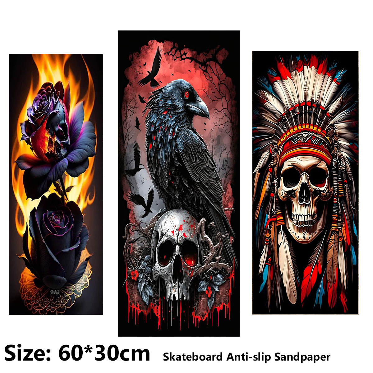 Terrifying Raven Blood Rose Pattern Electric Scooter Anti-slip Sticker Sandpaper Skateboard Grip Tape Sheet 60*30cm