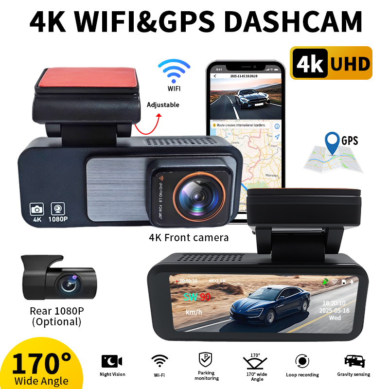 4K UHD 車用ダッシュカム デュアルレンズ 3.2 インチ フロントリア録画 内蔵 WiFi GPS ナイトビジョン 1K リアビュー 車 DVR ビデオレコーダー