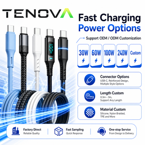 Tenova工場製 Type-C 急速充電ケーブルのOEM製造 - 60W/100W/240Wの各種出力に対応、シリコン／ナイロン素材の多彩なカラーバリエーション、OEM仕様の長さおよびパッケージ