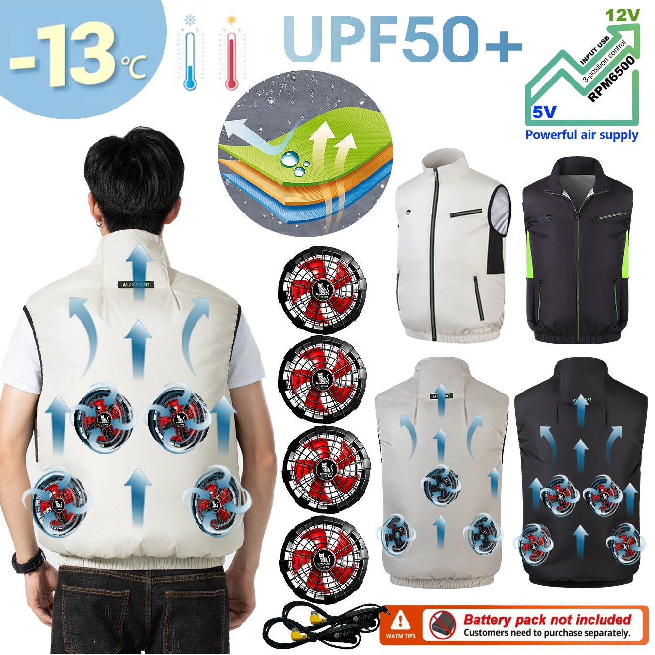 G-MACHT 夏通気性ウェアラブル冷却 2-3-4Fans ベスト氷冷却エアコン服屋外釣り用耐熱