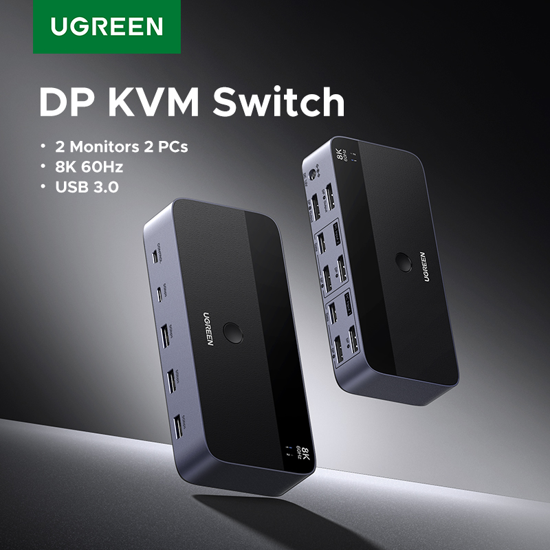 UGREEN 8K 60Hz DP KVM スイッチ 2 モニター 2 PC USB 3.0 共有キーボードマウスモニター HDR 3D デスクトッププリンター用