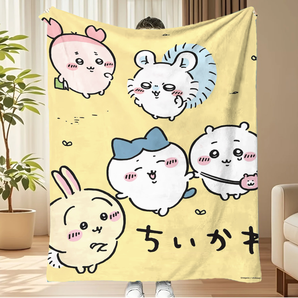 ちいかわうさぎ ハチワレ モモンガ かわいい漫画 グループ プリント ライトイエロー 暖かい フランネル 昼寝ブランケット
