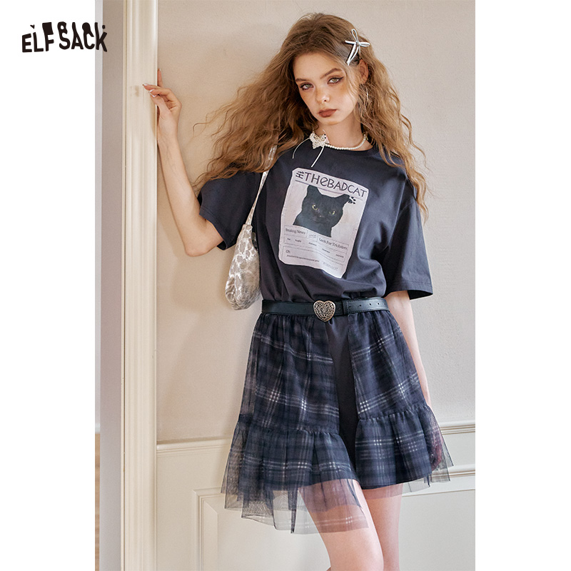 ELFSACK 女性用かわいいパッチワーク T シャツドレス、格子縞のチュールスカート付きカジュアルグラフィック T シャツ、夏用ルーズミニドレス
