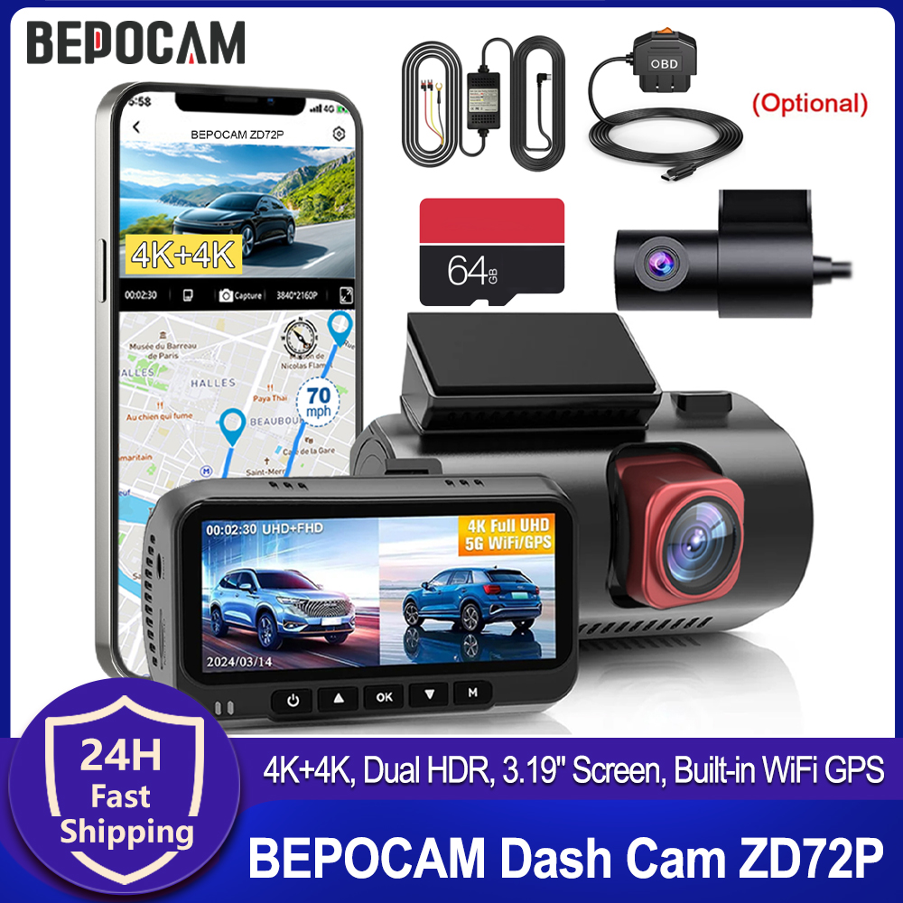 BEPOCAM 4K HDR ダッシュカム ダッシュカーカメラ 内蔵 WiFi GPS 3.19 インチ IPS スクリーン 車のダッシュカム DVR ナイトビジョン 24H 駐車モード