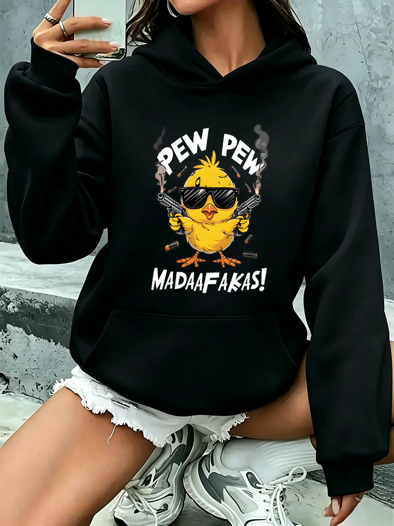 ファッション女性パーカー長袖ストリートピューピューひよこグラフィックフード付きパーカー漫画黄色ひよこ銃アニメスウェット