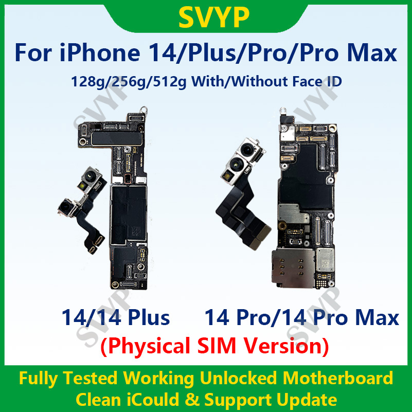 iPhone 14 Pro Max用の完全にテストされた本物のメインボード、顔ID付きのロック解除済みマザーボード、クリーニング済みのiCloud物理SIMバージョン