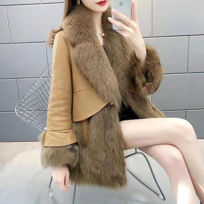 ミッドロングフェイクファージャケット女性の冬の Pu レザースプライシング毛皮生き抜くレディース長袖厚み暖かい毛皮のコートフグジャケット