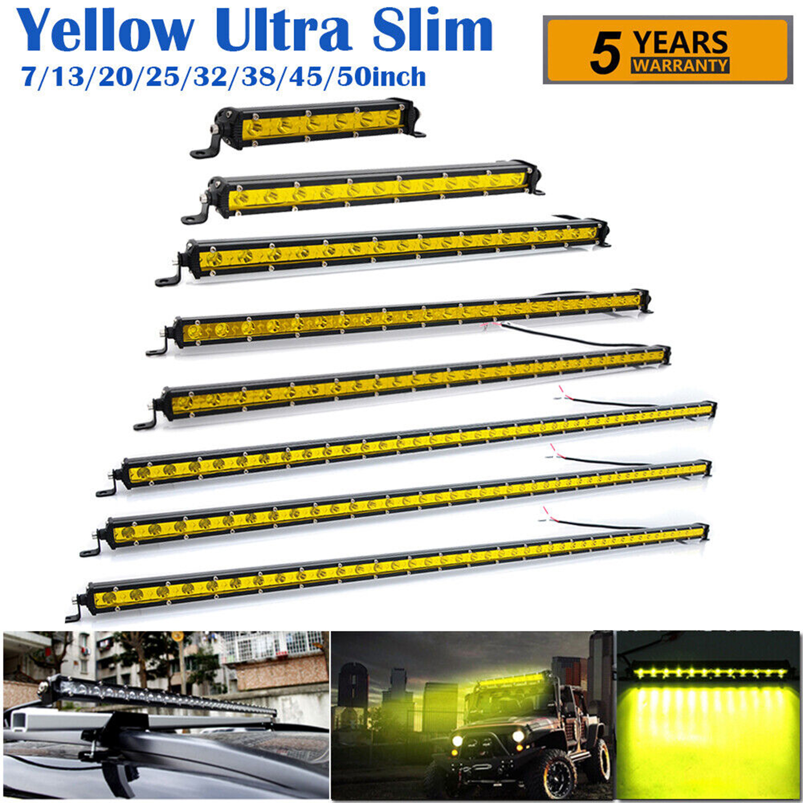黄色単行スリム 7 13 20 25 32 38 45 50 インチオフロード LED ワークライトバー霧運転 SUV UTV ATV 4X4 トラックボート車