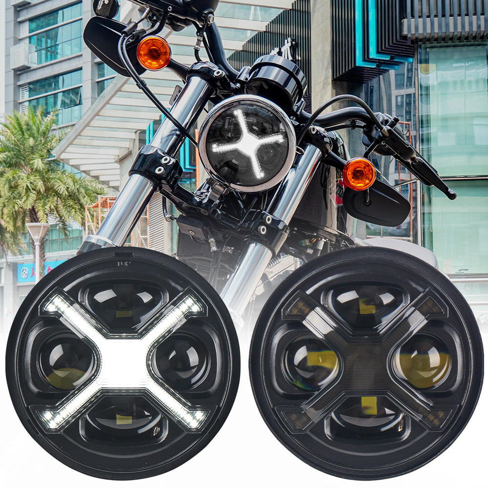 オートバイのヘッドライト 5.75 インチ LED スモーク X タイプホワイト Drl / X アンバー Drl / X レッド Drl / X ブルー Drl エンジェルアイヘッドライト付き