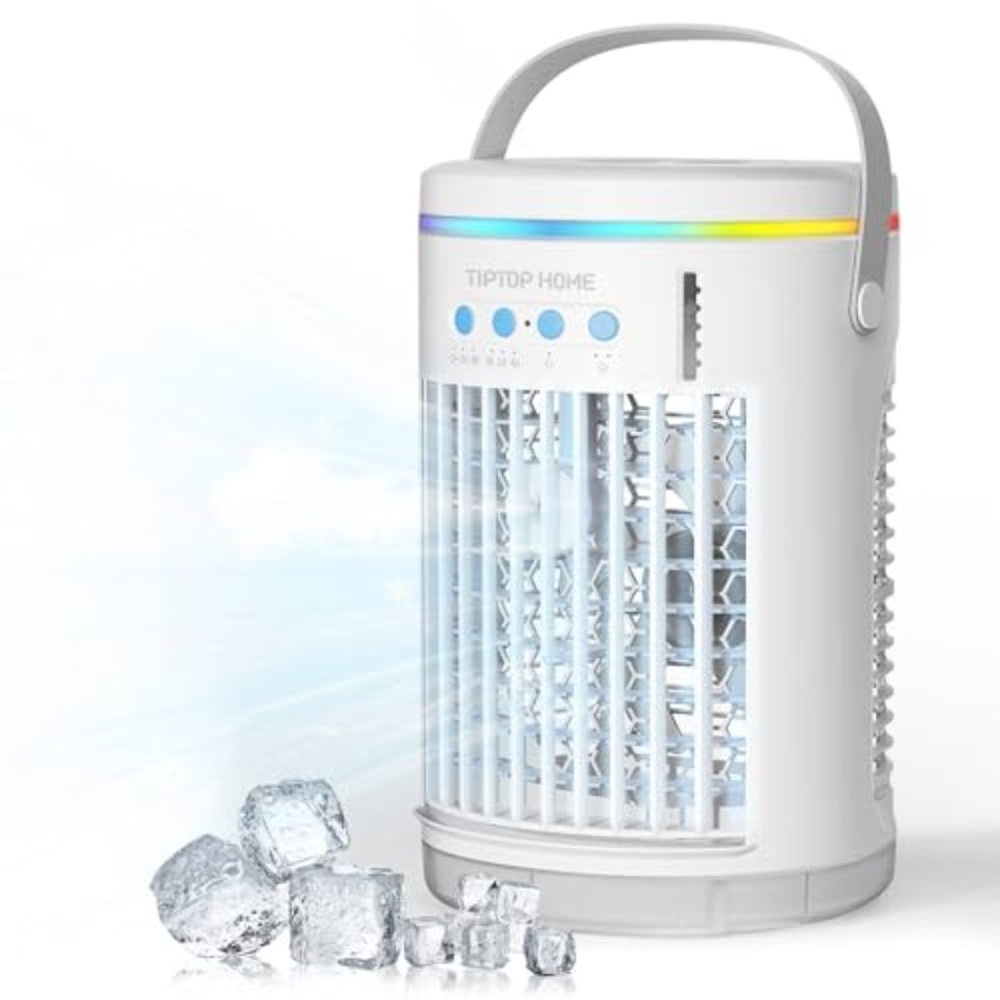 デスクトップ、車、キャンプ用のポータブルエアコン。 1400ML タンクと 3 速冷却ファンを備えた白い蒸発式ミニ AC