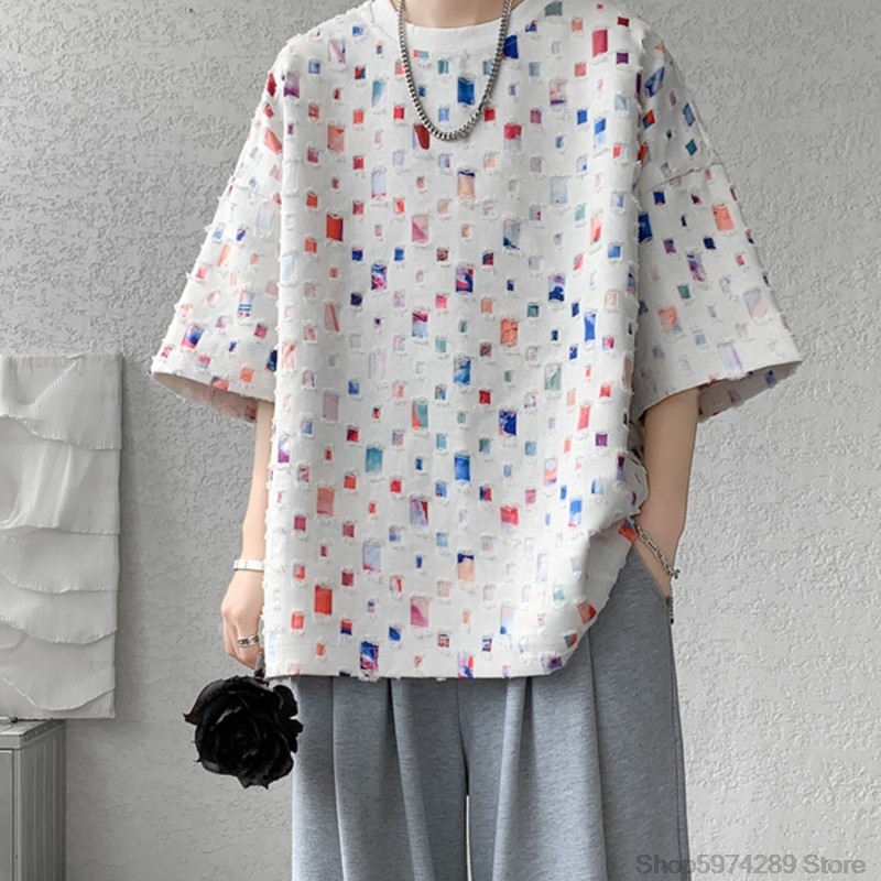 夏半袖 Tシャツ男性ファッション中空アウト特大チェック柄 Tシャツ男性ストリートヒップホップルーズカジュアル Tシャツ男性 5XL