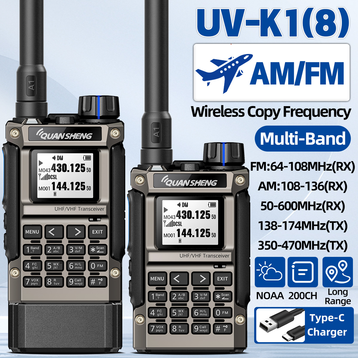 Quansheng UV-K1（8）トランシーバー AM/FM マルチバンドワイヤレスコピー周波数長距離 Type-C 充電器キャンプ用 UVK5 K6 アマチュア無線