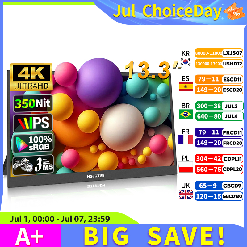 HGFRTEE 3840*2160 13.3 インチ 4K ポータブルモニター 100%sRGB 350Cd/m² セカンドスクリーン MAC/ラップトップ/PC/Xbox/PS5/スイッチ用