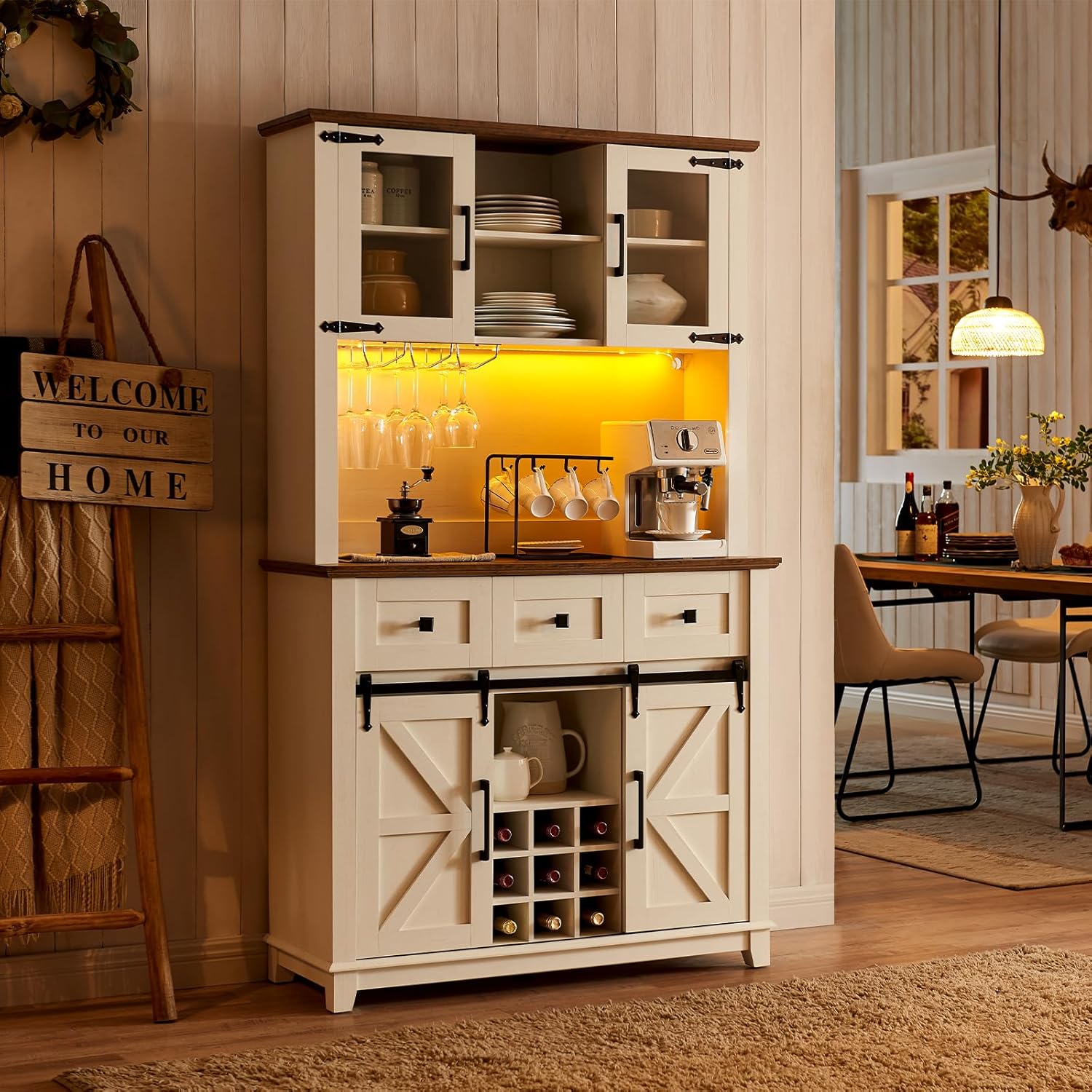 72インチ コーヒーワインバーキャビネット スライド納屋ドア付き ファームハウスキッチンサイドボード ビュッフェ収納テーブル 引き出し3段 カスタマイズ可能