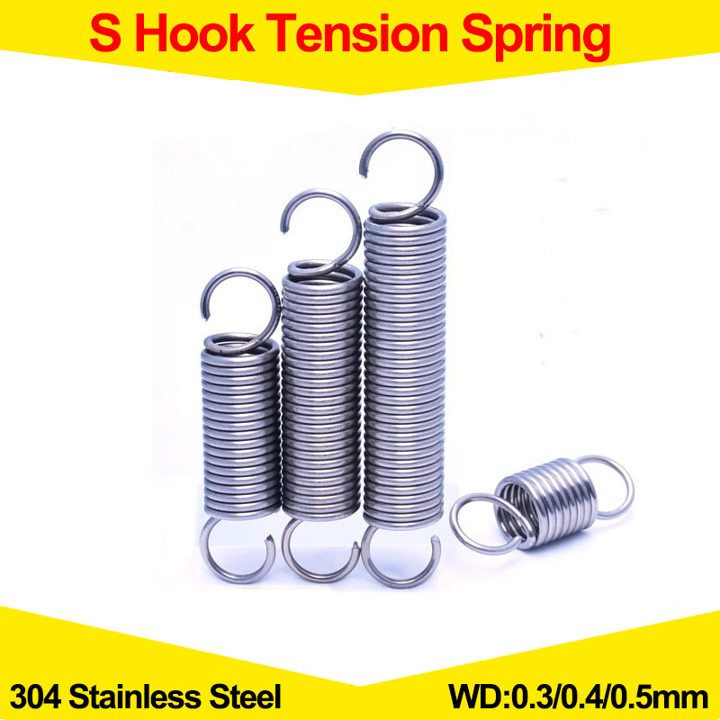 304 Stainless Steel, S Hook Tension Spring, Cylindroid Helical Coil Extension Springs, Wire Diameter 0.3mm 0.4mm 0.5mm