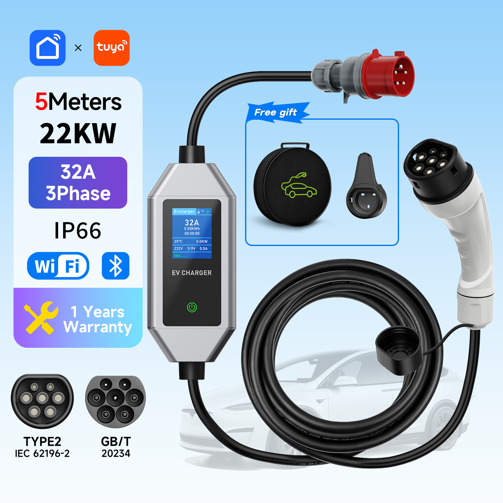 22KW ポータブル EV 充電器 Wi-Fi アプリ制御タイプ 2 32A 3 相 GB/T スマート電気自動車充電ステーション電気自動車用