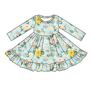春の花柄プリント 子供服オーダーメイドデザイン キュートなスタイル 長袖 膝丈 女の子用 トリュフカラーのワンピース