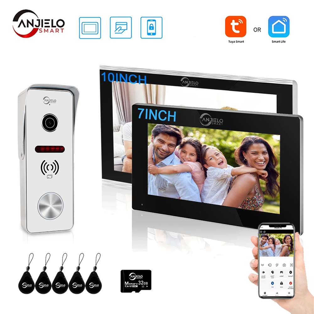ANJIELO Tuya WiFi 1080P 4 線式ビデオドアベル 7/10 インチタッチモニター 2 ウェイオーディオリモートロック解除モーション検出セキュリティインターホン