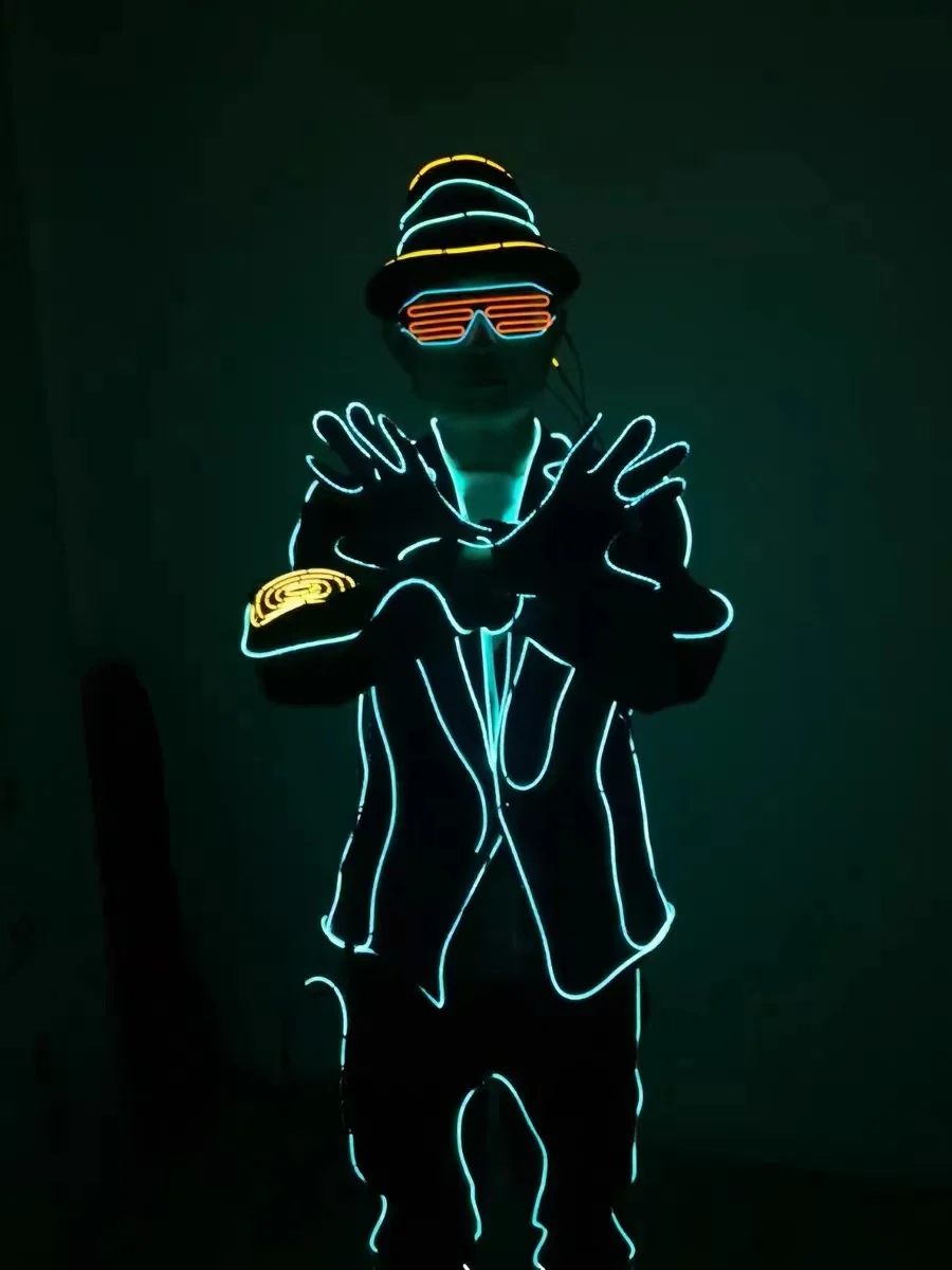 LED トロンダンスウェア男性ロボットダンスジャケットパンツ帽子ライトアップ服コスプレナイトクラブハロウィン DJ 絶賛衣装