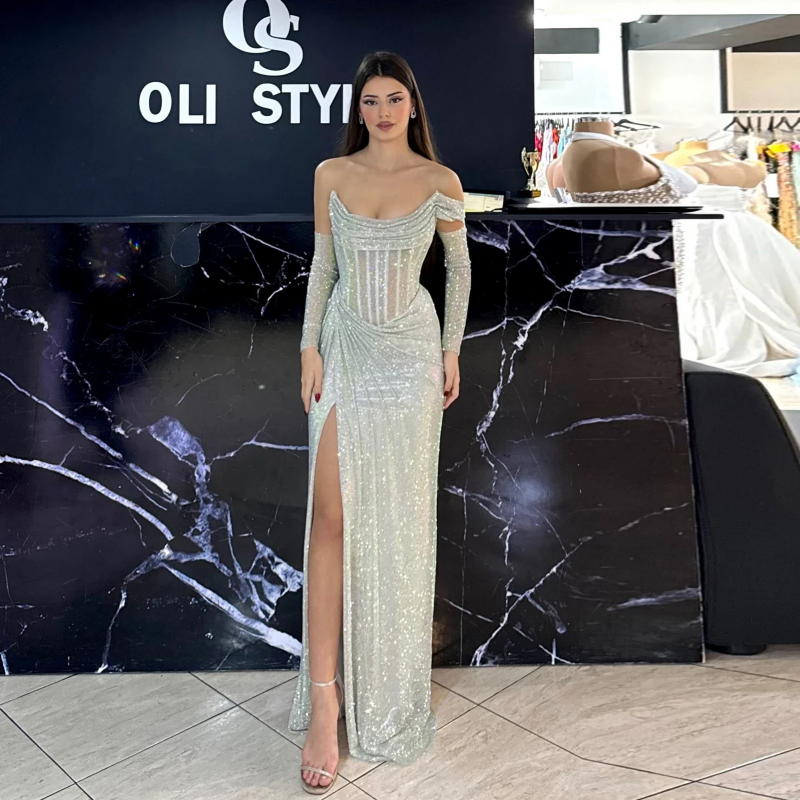 2026 新しいシルバー光沢のあるウエディングドレスと袖オフショルダー Vestidos デノーチェサイドハイスプリットフォーマルイベントドレスパーティードレス