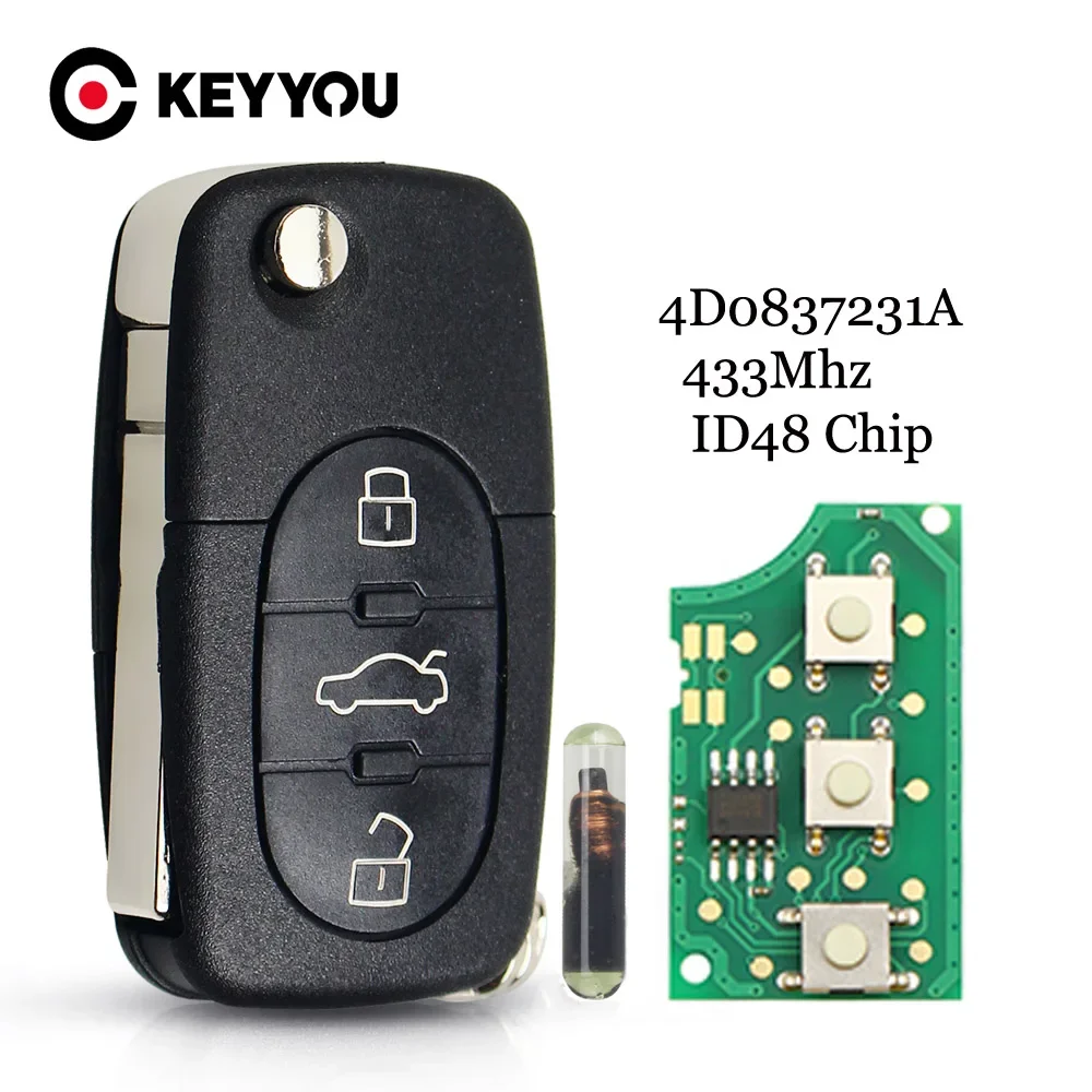 KEYYOU アウディ 4D0837231A リモート車のキーアウディ A3 A4 A6 A8 TT RS4 クワトロ旧モデル 433Mhz ID48 チップ車リモートフリップキー