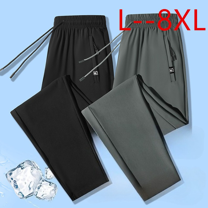 8xl サイズアイスシルクズボンメンズ春夏ファッション巾着弾性ウエストストレートパンツカジュアル快適なジョギングパンツ