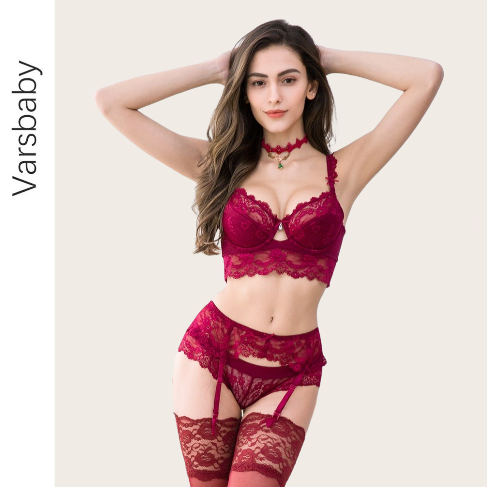 Varsbaby 薄い綿プッシュアップレースランジェリーセクシーなギャザーブラセット 4 ピースブラジャーパンティーガーターストッキング下着セット女性のための