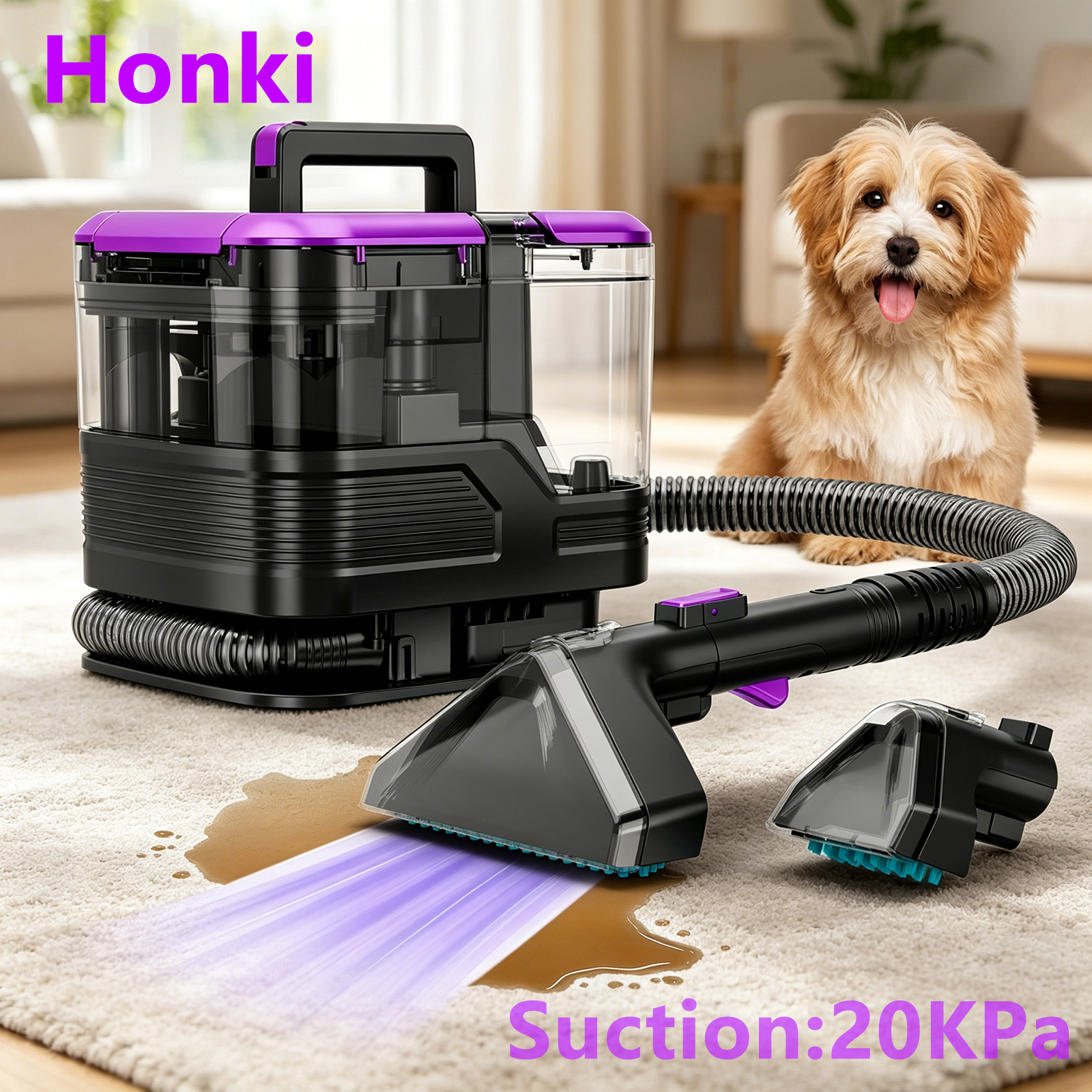 Honki 530W カーペットクリーナーマシン 20KPa 強力吸引 ハンドヘルド多機能クリーナー ペットの毛張りソファマットベッド用 自動洗浄 省エネ ポータブル ウェット＆ドライディープクリーニング家電
