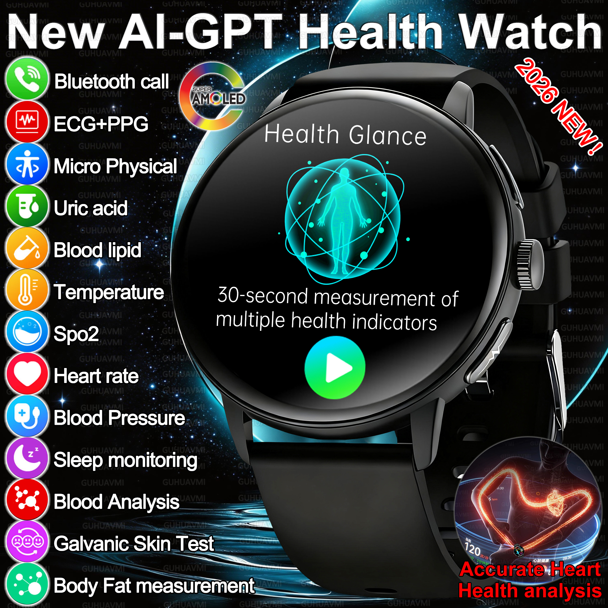 2026 新しい AI 正確な診断体脂肪尿酸 BP ECG スマートウォッチ HD AMOLED スクリーン通話スポーツ健康スマートウォッチ男性女性