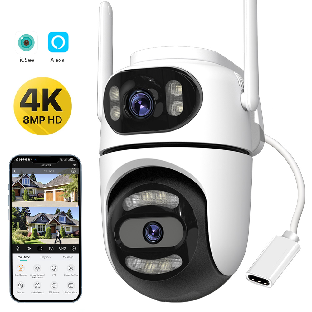 8MP 4K HD Wifi PTZ カメラ iCsee APP デュアルレンズデュアルスクリーンビデオ監視 IP カメラ Ai 追跡屋外ホームセキュリティ CCTV