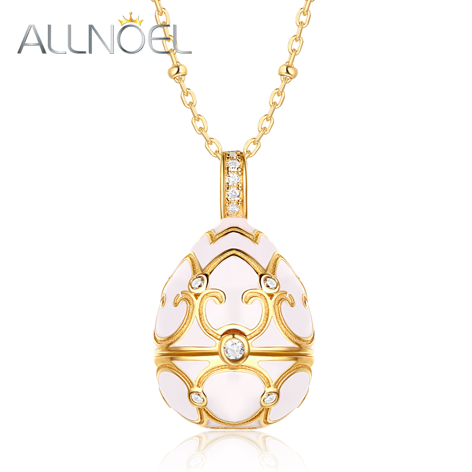 ALLNOEL エナメルロケット 925 スターリングシルバー卵ペンダント白赤チャームセーターネックレス女性のための 750 ミリメートルロングゴールドチェーンジュエリー