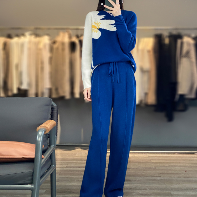 ブルー 100% ピュアウールセーター女性のための肥厚秋と冬の衣装ニット 2 点セットとワイドレッグパンツアウター