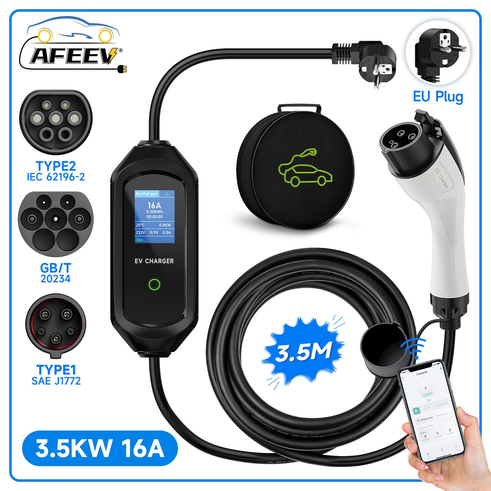 AFEEV 3.5KW ポータブル EV 充電器 16A Type2 EVSE 高速充電ケーブルウォールボックスアプリ Bluetooth ワイヤレス制御カーアクセサリー