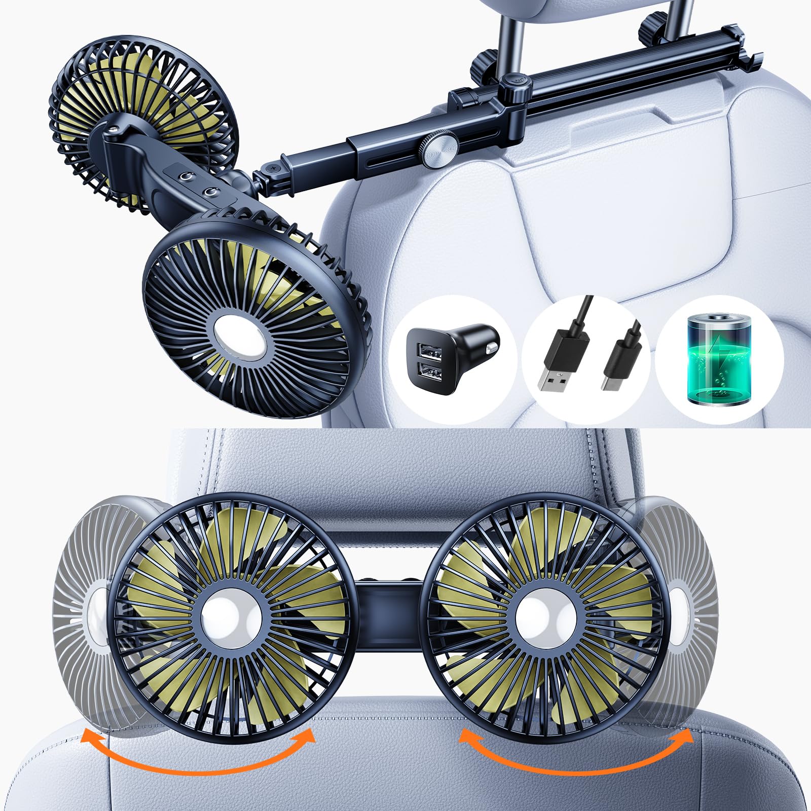 Hipacool バッテリーデュアルヘッドファン車の後部座席用格納式ロングアーム USB 充電式カーシートヘッドレスト冷却ファン