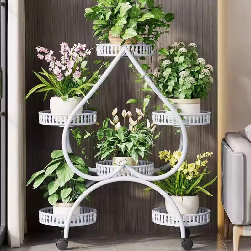 ハート型アイアンフラワースタンド多段植物棚リビングルーム用モバイル鉢植えホルダーホイール付きヴィンテージディスプレイラック