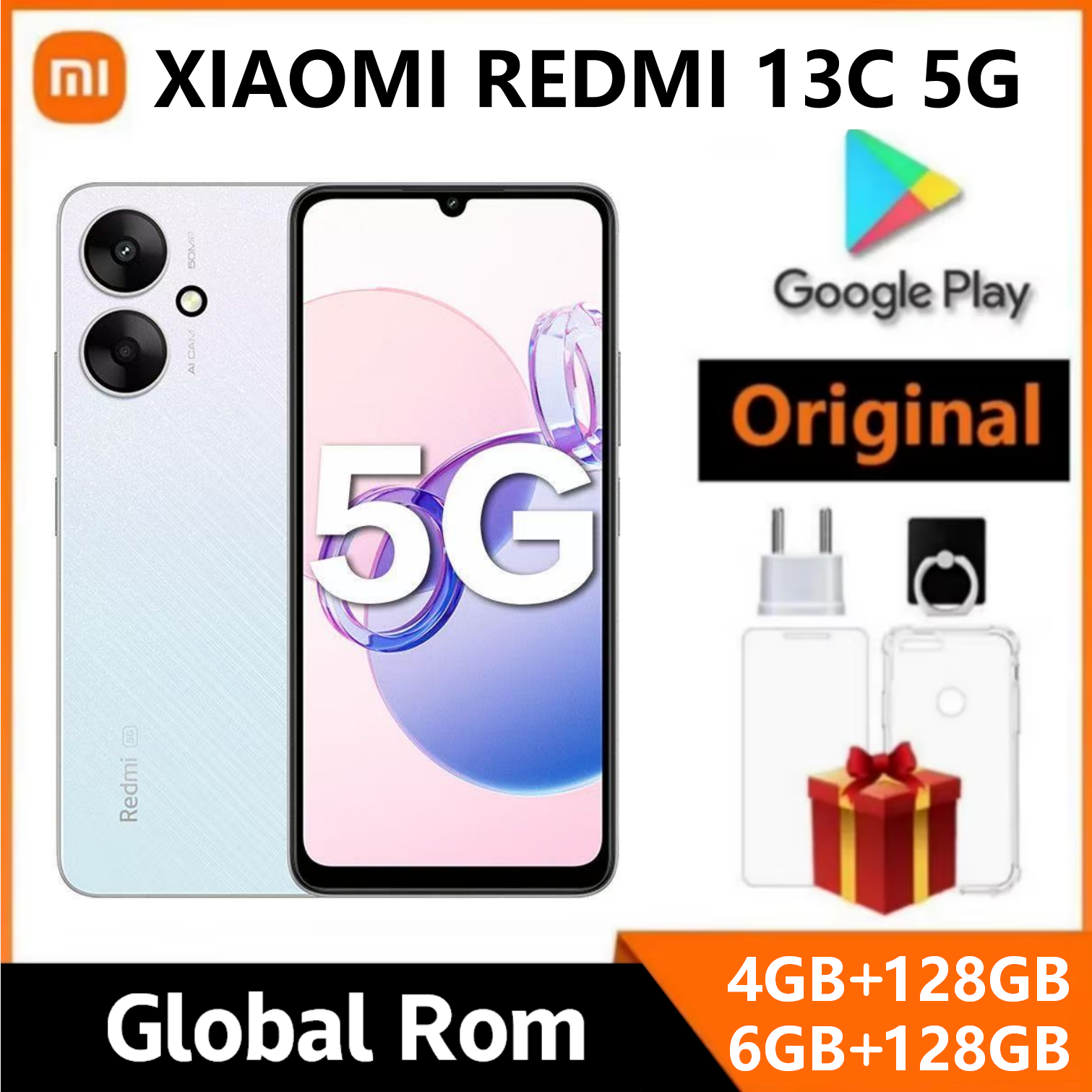 オリジナル Redmi 13C 5G 4GB/6GB 128GB 5000mAh スマートフォン寸法 6100 6.74 "超大型ディスプレイ 50MP 5MP AI カメラ 18 ワットバッテリー