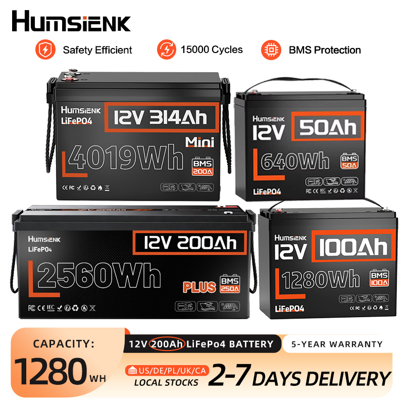 Humsiek 12V 100Ah 150Ah 200Ah 314Ah LiFePO4 バッテリー内蔵 BMS 低温保護 RV/キャンプ/太陽エネルギー貯蔵